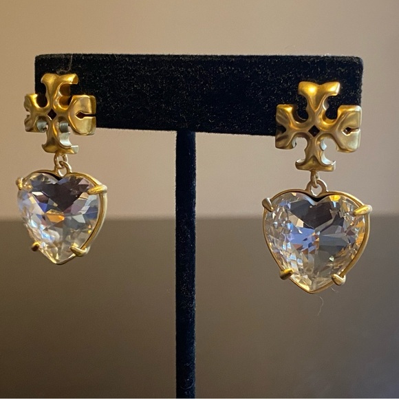 Tory Burch Kira Crystal faceted heart drops hanging from TB logo studs - Picture 6 of 10